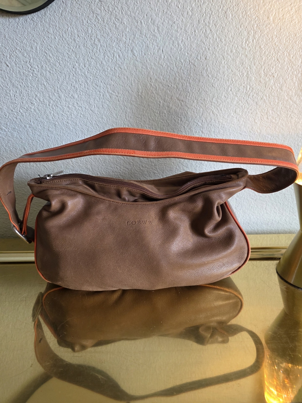 LOEWE Vintage Brown Leather Shoulder Bag with Orange Trim
